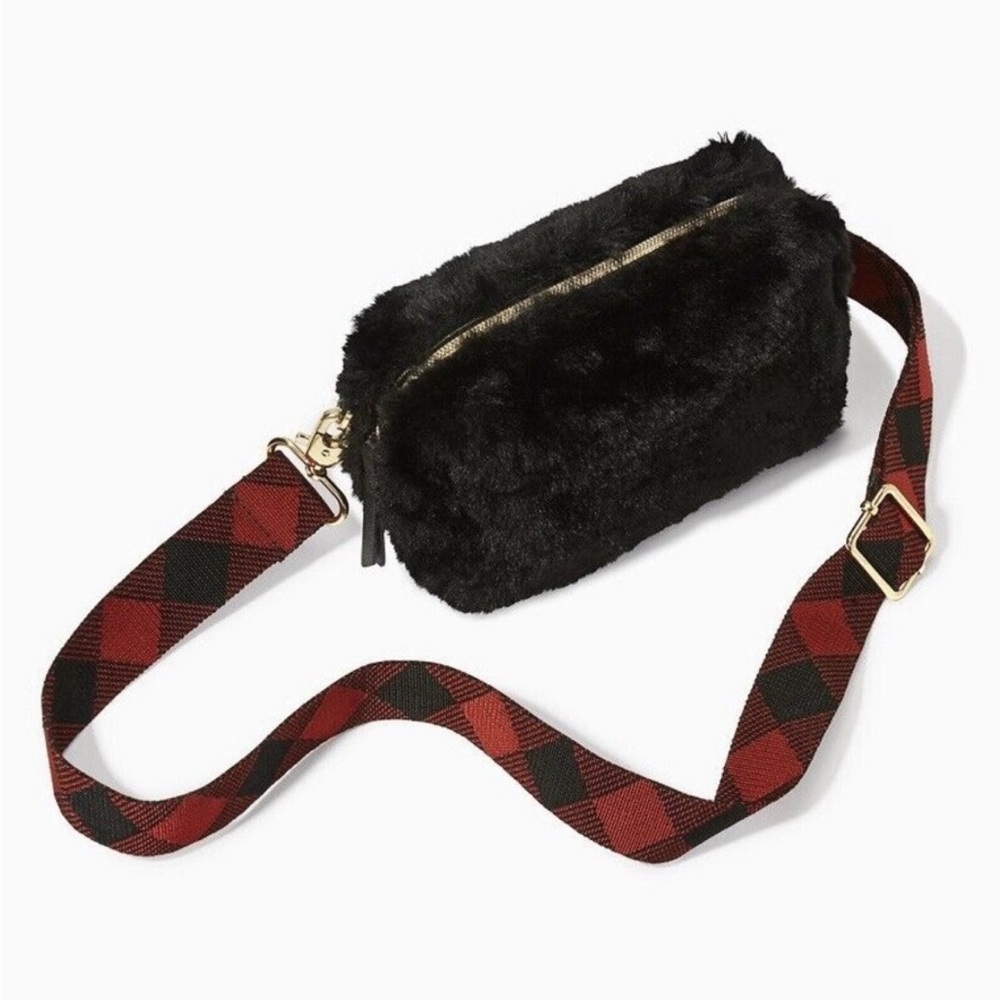 Stella & Dot |  ❤️🖤Small Faux Fur Crossbody with Buffalo Check Strap🖤❤️